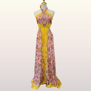 long flowy sleeve dresses Plus Size Chiffon Midi Dress with Flowy Long Sleeves and Waist Applique main image 1